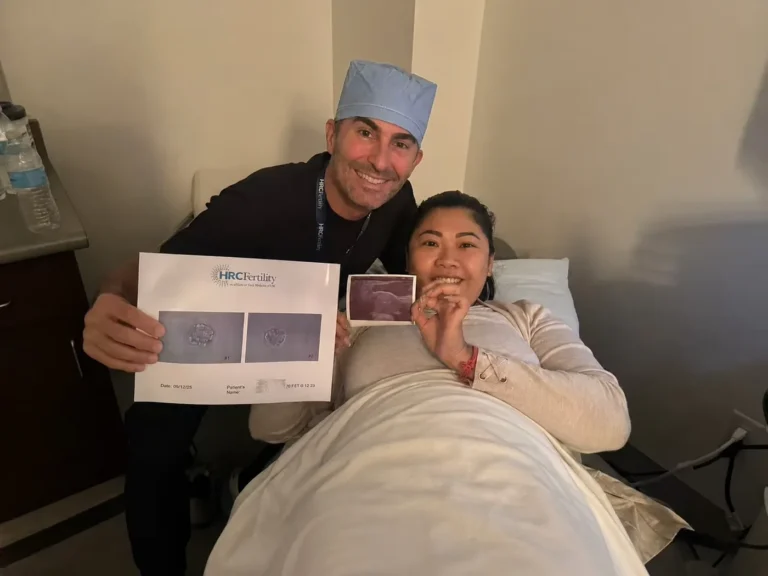Surrogate celebrating a successful embryo transfer milestone